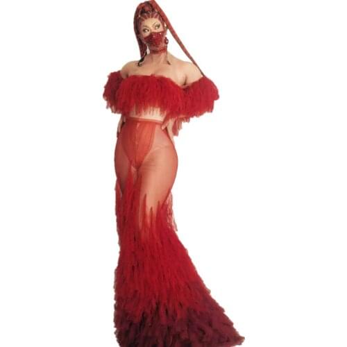 Sexy Red See Through Mesh Mermaid Long Dress Women Strapless Perspective Evening Party Floor Length Dress Stage Performance Wear