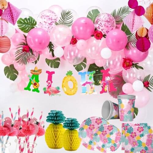 ALOHA Banner Hawaii Party Tableware Flamingo Cake Topper for Summer Tropical Birthday Party Decoration Wedding Supplies
