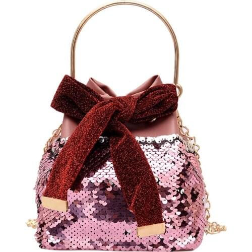 Banquet Sequins Ladies Handbag Lovely Butterfly-Knot Bucket Crossbody Bags Women Party Nightclub Fashion Personality Totes