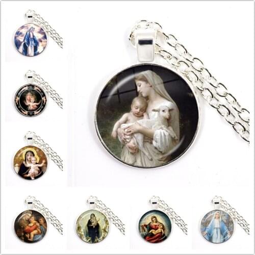Virgin Mary and Baby Jesus Christian Catholicism Jewelry Necklace Blessed Mother Religious Art Glass Cabochon Dome Pendant Gift