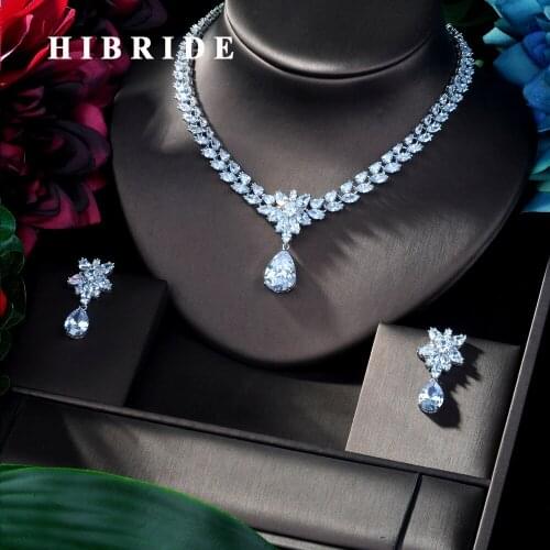 HIBRIDE New Design Luxury AAA Zircon Water Drop shape Necklace Pendant Set for Women,High Quality Party/Jewelry Wedding N-154