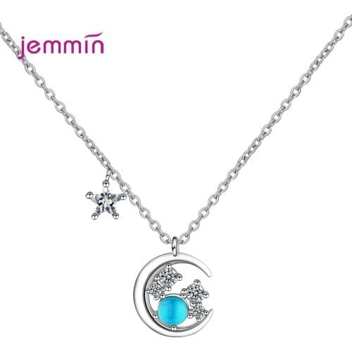 Korean Simple 925 Sterling Silver Crystal Star Moon Pendant Necklaces For Women New Statement Collier Lovers Gift Jewelry