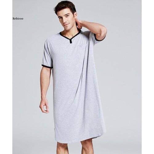 Men Sleepwear Long Nightshirt Short Sleeve Nightwear Night Shirt Soft Comfortable Loose Sleep Shirt Male Home Clothing