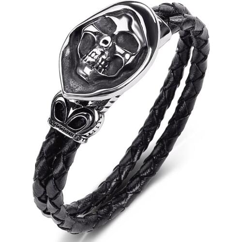 Fashion Stainless Steel Skull Leather Handmade Bracelet Punk Vintage Men Jewelry Hand Bangles Braided Wristband Male Gift P531
