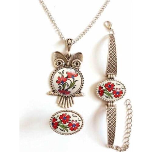 Jewelry Set Necklace, Ring, Bracelet handmade iznik tile Ceramic processing Tile Mosaic Owl Patterned Necklace