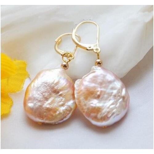 New Arrival Favorite Pearl Earrings 19mm Pink Coin Genuine Freshwater Pearl Dangle Earrings 14k/20 GP Fine Jewelry Lady Gift