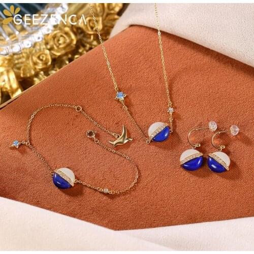 White Jade Lapis Lazuli S925 Silver Gold-plated Pendant Necklace Bracelet Drop Earring Jewelry Sets Trendy Fine Jewel Women Gift