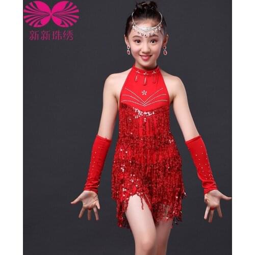 2016 Tango Dress Fashion Rushed Women Modal Latin Dress Kids Tassel Dance Ballroom Salsa Dancewear Costume Sequined Tassels