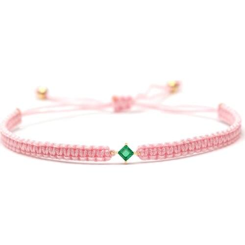 Pink Silk Cord Green Tiny Cute Green Stone Macrame Bracelet Copper Charm Red String Small Mini Semi-precious Stone Jewelry Gift