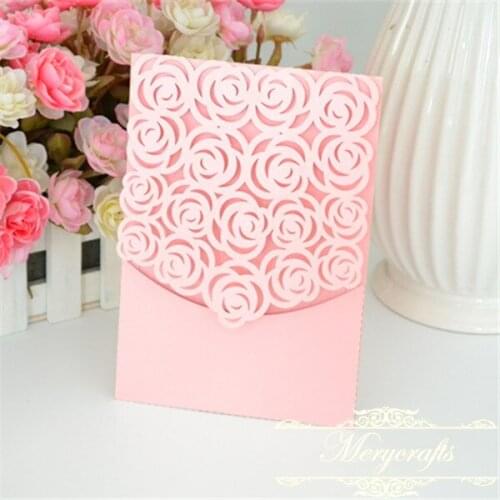 Wedding laser cut invitation card rose flower romantic wedding invitations pocket with high quality