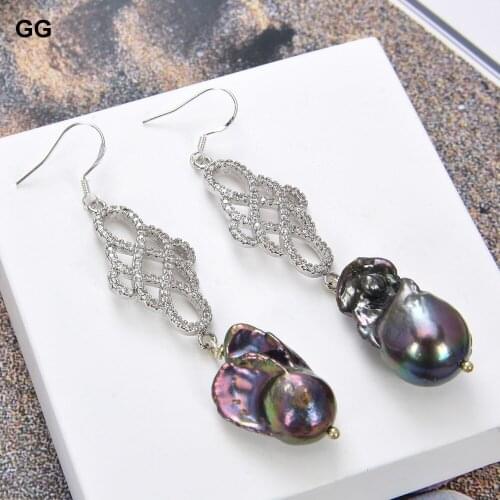 GuaiGuai Jewelry 20MM Black Keshi Baroque Pearl Silver Hook CZ Connector
