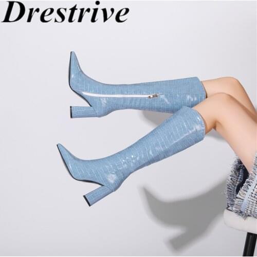 Drestrive Women Knee High Boots Sky Blue Pointed Toe Zipper Pu Leather Stone Pattern Thick High Heels 2021 Winter Shoes Size 43