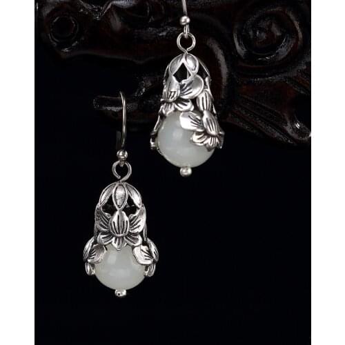 New Fashion silver S925 pure silver antique mosaic and jade white jade bead lotus lady high-end earrings earrings wholesale