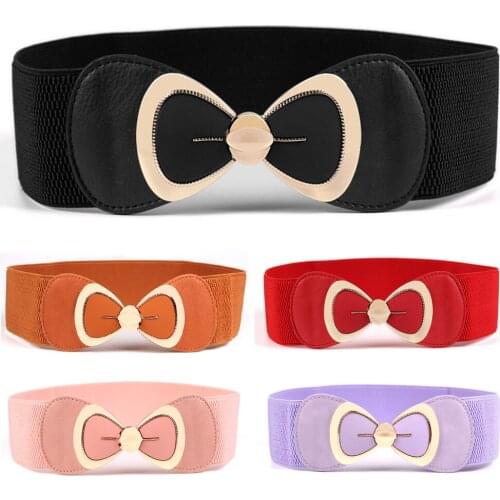 Women Ladies Metal Bow Buckle Stretchy Belt Modish Faux Leather Waist Band BLTYN0007