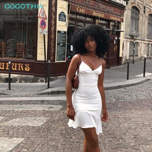 COCOTHIA Womens Spaghetti Straps Asymmetric Ruffles Low Cut Bodycon Mini Dress Summer Sleeveless Backless Club Party Vestidos