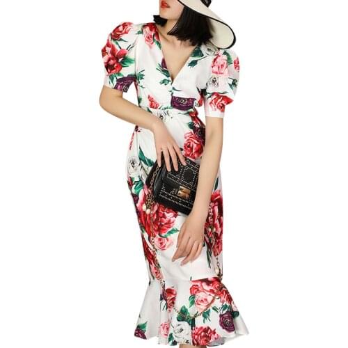 Elegant Print Women Mermaid Dress V Neck Puff Short Sleeve High Wiast Lace Up Bow Ruched Hit Color Dresses Female