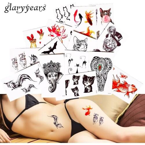1 Sheet Temporary Body Tattoo Cute Cat Elephant Lover Cartoon Design Decal for Women Children Chest Back Art Tattoo Sticker 2019