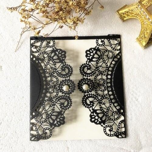 1 Set Sample Laser Cut Black Invitation Card Invitations with White Beads Decorations Wedding / Birthday Inviations Engagement