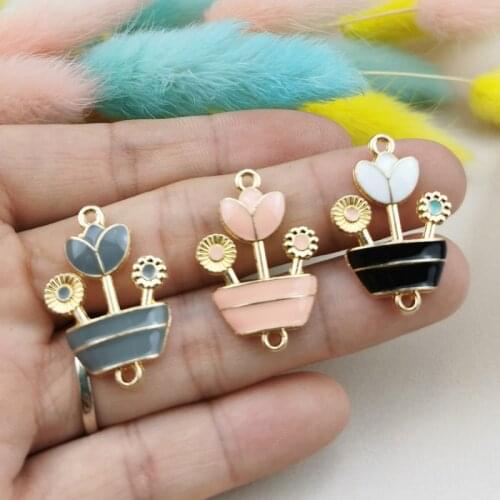 10pcs/lot Metal Potted Plants Flowers Enamel Charms Connectors DIY Earrings Keychain Pendants For Jewelry Accessories Findings