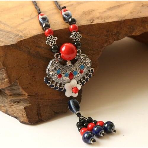 12 Pieces/Lot Statement Long Necklace Alloy Chinese Knot Ceramic Beads Strand Tassel Necklace Charm Choker Jewelry Accessories