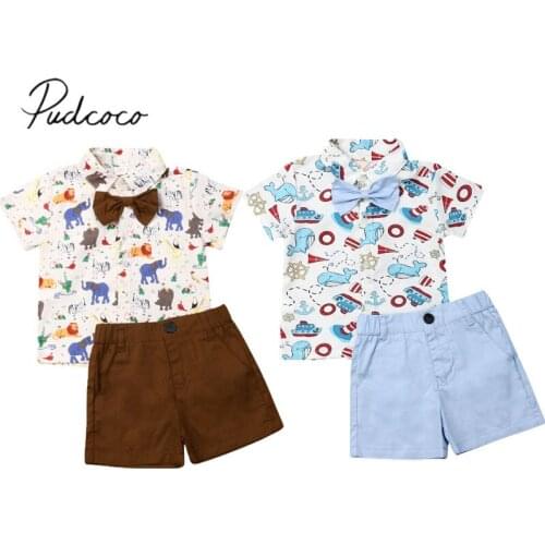 2019 Baby Summer Clothing Newborn Kids Baby Boys Bow Tie Tops T-shirt Solid Shorts Colorful Animals 2Pcs Outfits Set 0-5T