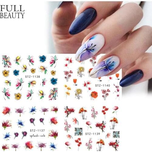 4pcs Watercolor Flower Simple Sliders Nail Desgin Sunflower Sakura Nail Sticker Watermark Tattoo Summer DIY Decor CHSTZ1137-1180
