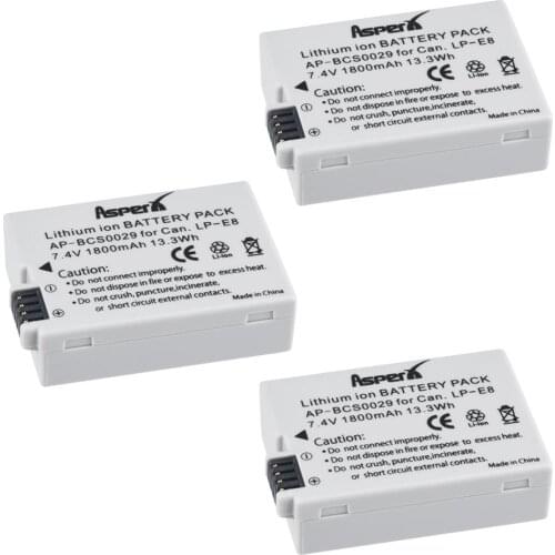 AsperX 3Pcs LP-E8 LPE8 LP E8 Camera Batteries for Canon EOS 550D 600D 650D 700D kiss X4 X5 X6i X7i Rebel T2i T3i T4i T5i