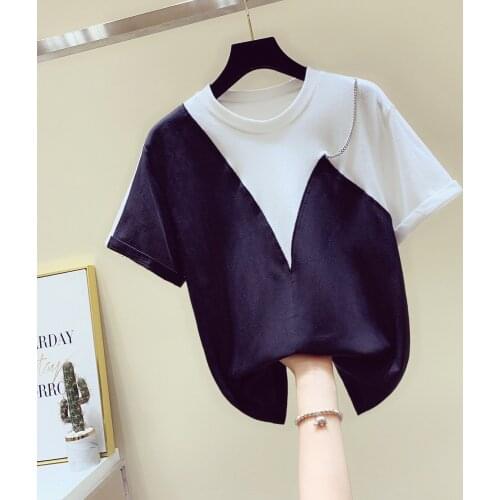 White and Black Patch Cotton Shirt Women Short Sleeve T-shirt Womens 2020 Spring Summer New Loose T-shirt Tee Tshirt Female