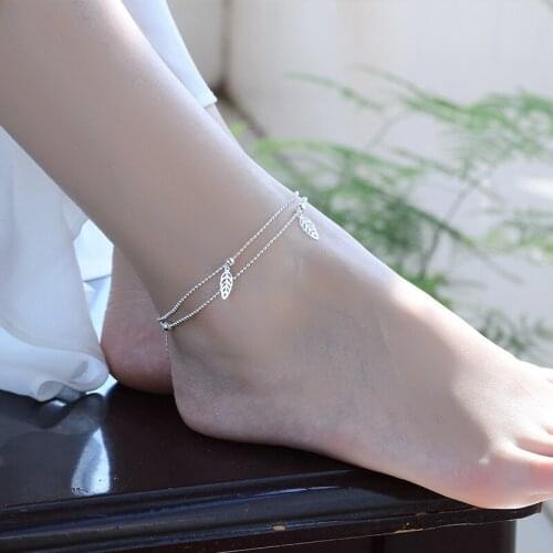 TJP New Fashion Girl 925 Silver Bracelets For Women Jewelry Trendy Double Layer Silver Leaf Female Anklets Accessories Hot Bijou
