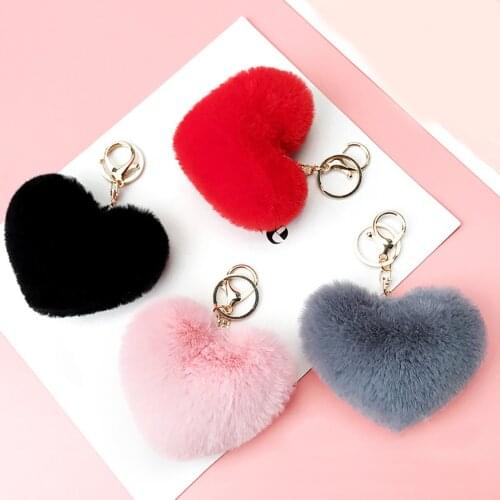 Lovely Heart Keychains Womens Pom Poms Faux Rex Rabbit Fur Ball Key Chains Girl Bag Hang Car Key Ring Pendant Llaveros