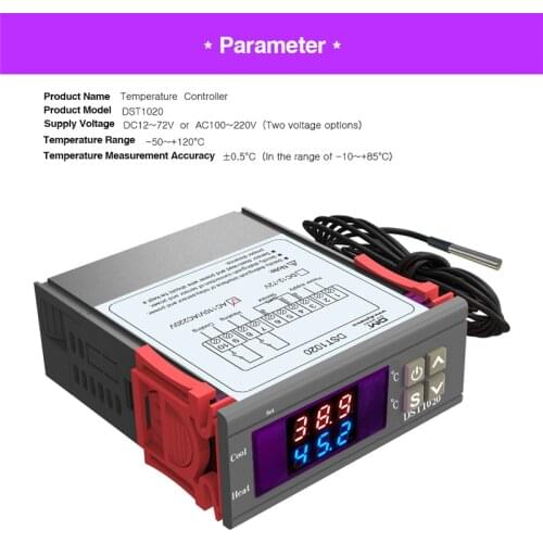 DST1020 DC 12V 24V AC 110-220V Dual Display Digital Thermostat Temperature Humidity Controller DS18B20 Sensor Waterproof Probe