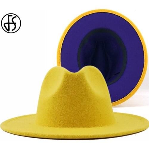FS Unisex Outer Yellow Inner Purple Wide Brim Felt Hat Wool Jazz Fedora Hats For Women Men Panama Trilby Cowboy Cap Gentleman