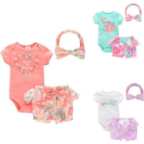 3PCS baby girl suit 2021 summer fashion girl short-sleeved letter printed romper + skirt shorts + headgear cotton suit