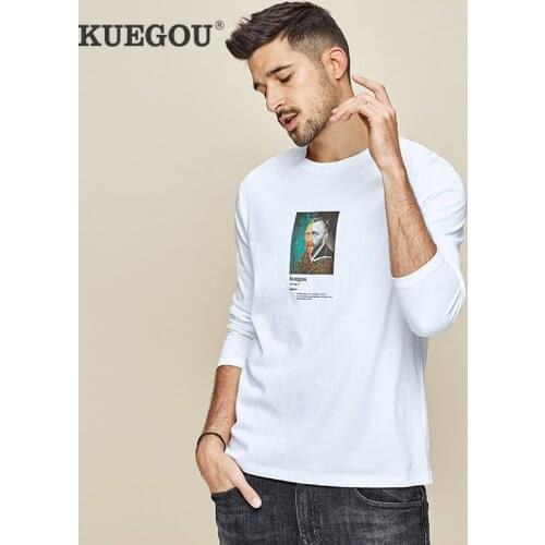 KUEGOU 2021 Autumn 100% Cotton Print Black White T Shirt Men Tshirt Brand T-shirt Long Sleeve Tee Shirt Fashion Clothes Top 7782