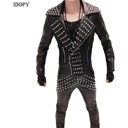 Idopy Men`s Faux Leather Jacket Rivet Studded Slim Fit Lapel Collar Motorcycle Outerwear Coat For Male