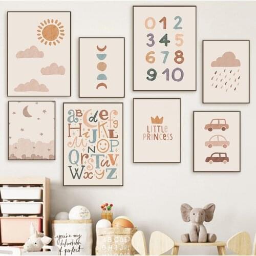 Numbers Letters Sun Moon Clouds Stars Cars Wall Art Canvas Painting Nordic Posters And Prints Wall Pictures Baby Kids Room Decor