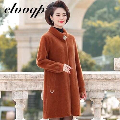 New Women Winter Cashmere Woolen Coat New Imitation Mink Jacket Middle-aged Mother Large Size Outerwear Long Knitted Cardigan