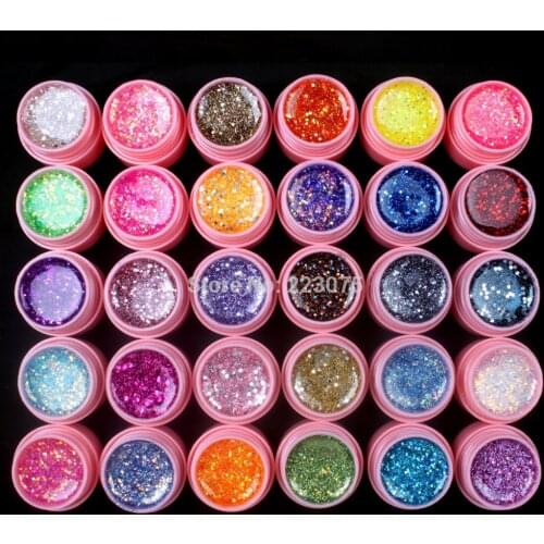 New DIY Professional 30 Pcs Mix Color Glitter Hexagon Sheet Nail Art UV Builder Gel for Tips white pot Set