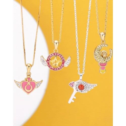 Anime Cardcaptor Sakura 925 Sterling Silver Clear Card Clow Card Pendant Necklace Bird Magic Wand Cosplay Jewelry Girls Gifts