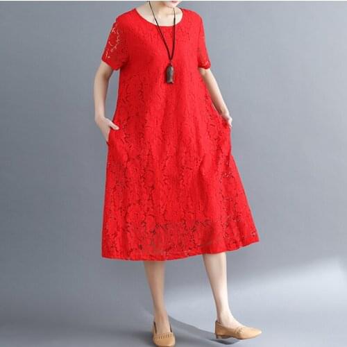 2019 spring summer new large size womens A word large dress literary pure color lace hollow jacquard short-sleeved dress female
