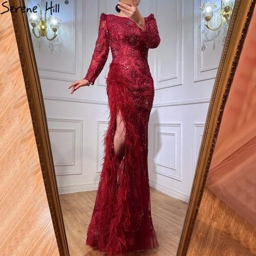 Serene Hill Grey Mermaid Split Luxury Evening Dresses Gowns 2021 Elegant Beadings Feathers Formal Women Party LA70828