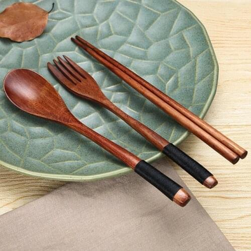 Natural Wood Spoon Chopsticks And Fork Dinner Set Rice Soup Tableware Grain Handmade Kitchen Household Tableware Dinnerware