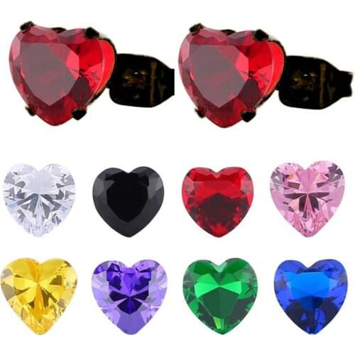FairLadyHood Stainless Steel Black Color Shiny Colourful Heart Crystal Zircon Stone Small Stud Earrings Women Jewelry