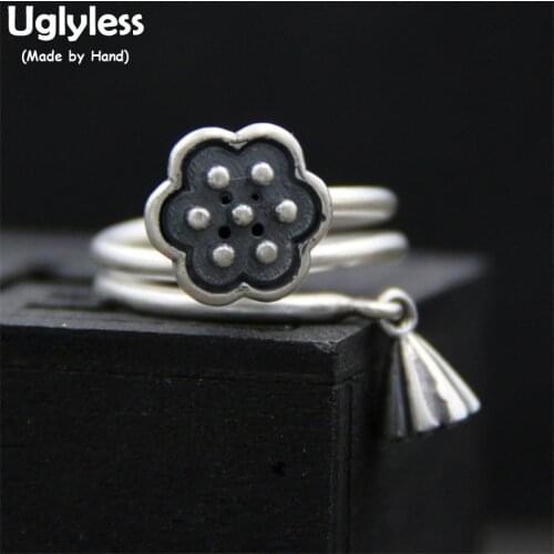Uglyless Real S 999 Silver Women Ethnic Lotus Charm Rings Handmade Engraved Flowers Finger Ring Adjustable Vintage Fine Jewelry
