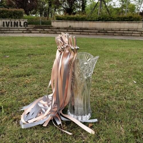 50pcs/lot coral and grey stain ribbon wedding wands With sliver Bells for wedding decoration