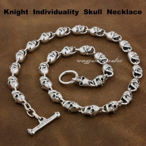 Shiny Punk Rocker Fashion Chain Solid 925 Sterling Silver Cool Mens Knight Individuality Skulls Necklace 8W004N -- 18"~36"