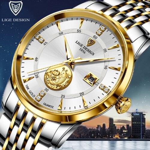 LIGE Watch Men Top Brand Luxury Stainless Steel Waterproof Quartz Wristwatches For Men Fashion Goldfish Design Watch Relogio+Box