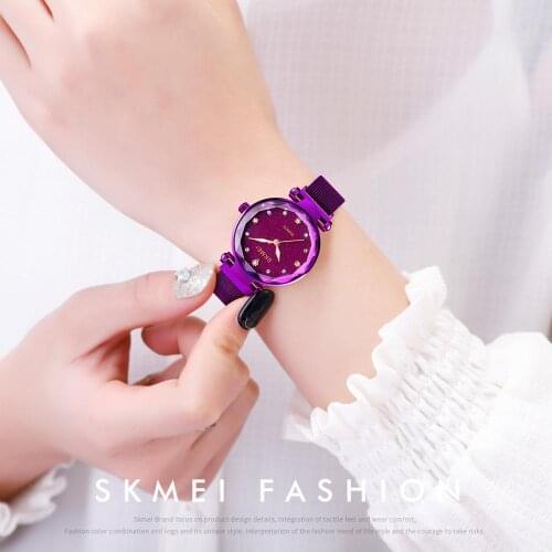 2020 NEW SKMEI Fashion Women Quartz Purple Watch Ladies Dress Watch Steel Strap Waterproof Clock Montre Femme Relogio Masculino