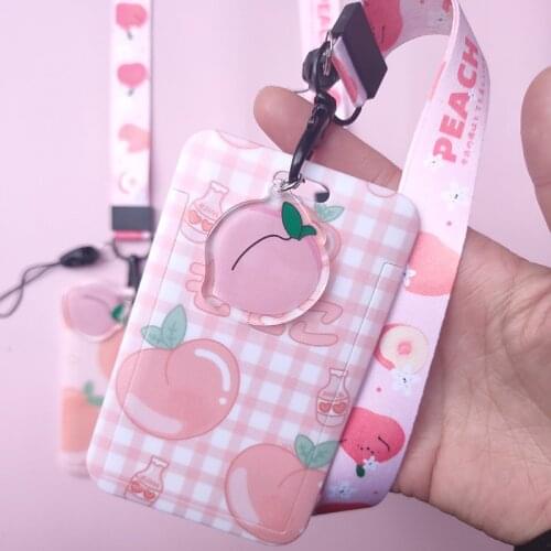 Korean cartoon peach fruit student card case hanging rope Employee Case Cover Student Lanyard ID Name Card Holder