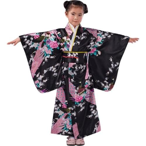 Home&Nest Loose Style Japanese Satin Peacock Print Dress Toddler Kids Baby Girls Outfits Clothes Kimono Robe Traditional Costume